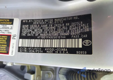 2012 Toyota Camry Hybrid Le из США, поврежденный, VIN 4T1BD1FK0CU010144